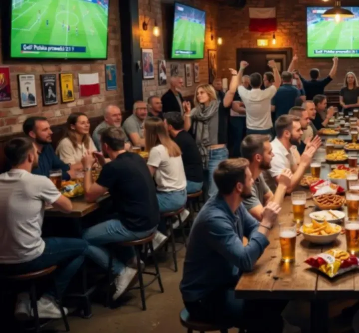 Bar UREvent Services podczas wieczoru sportowego z gośćmi oglądającymi mecz na dużych ekranach.